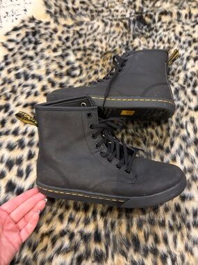 Dr. Martens Black Lace-Up Combat Boots with Yellow Stitching